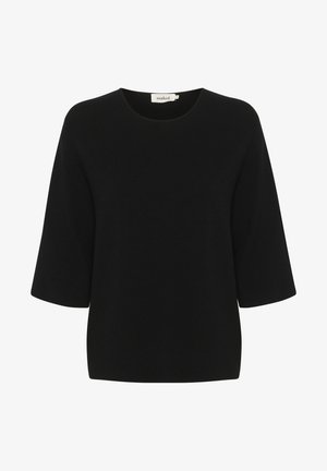 Czarny top z krótkim rękawem, wykonany z lekkiego materiału, z okrągłym dekoltem i luźnym fasonem. Tekstura wydaje się gładka i miękka.