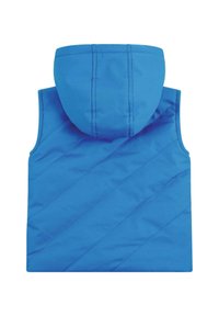 Blauer Daunenweste mit Kapuze, ausgestattet mit diagonalen Steppmustern und einer glatten, strukturierten Oberfläche. Die Rückansicht zeigt keine Taschen oder Verzierungen.