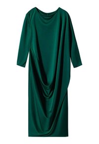 Grünes, drapiertes Kleid aus glattem, dehnbarem Stoff. Verfügt über einen lockeren Schnitt mit drei Viertelärmeln und einem Bootsausschnitt.