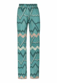 Lightweight, teal pants with a zigzag pattern in black, cream, and peach. Features an elastic waistband and straight-leg cut.