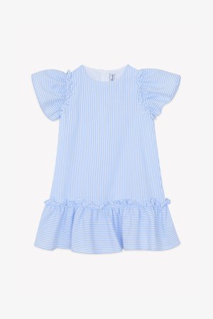 Vestido de rayas azules y blancas con mangas acampanadas, detalles de volantes, una falda evasé y cierre de cremallera en la espalda. Confeccionado con tela ligera.