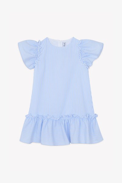 Vestito a righe blu e bianche con maniche a sbuffo, dettagli arricciati, fondo svasato e chiusura con cerniera sul retro. Realizzato in tessuto leggero.