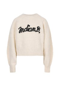 Krämfärgad kort tröja med ribbade manchetter och nederkant. Har svart broderad text "Indian B." på framsidan. Mjuk, texturerad material.