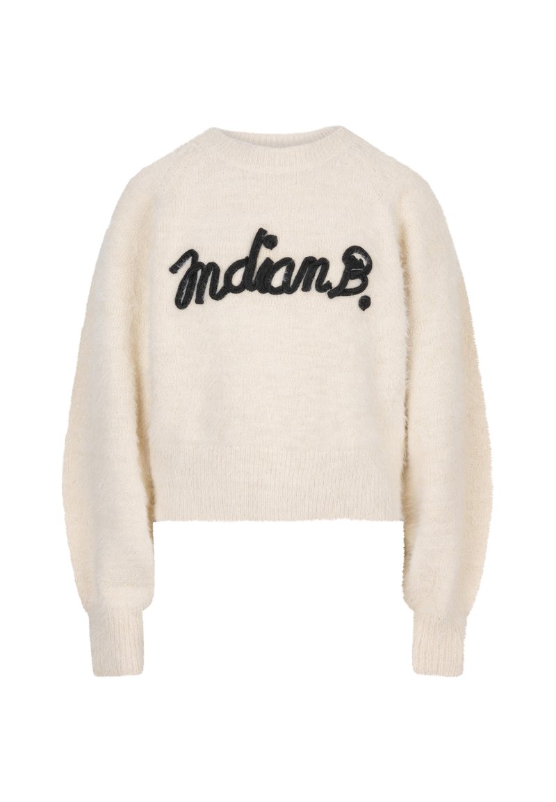 Krämfärgad kort tröja med ribbade manchetter och nederkant. Har svart broderad text "Indian B." på framsidan. Mjuk, texturerad material.
