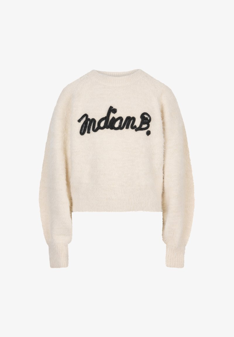 Krämfärgad kort tröja med ribbade manchetter och nederkant. Har svart broderad text "Indian B." på framsidan. Mjuk, texturerad material.