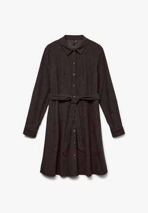 Mörkbrun klänning med knappar fram, krage, långa ärmar, midjeband och utsvängd kjol. Har knappar i guldton.