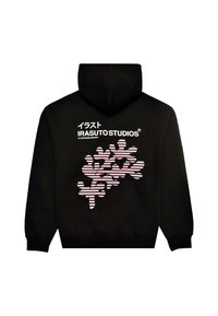 Zwarte hoodie met een grote roze gestreepte grafiek op de achterkant, voorzien van tekst in het Japans en het Engels, met ribbelboorden en -zoom.