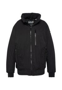 Schwarze Bomberjacke mit Reißverschluss vorne, zwei Seitentaschen und gerippten Bündchen. Hergestellt aus glattem, leichtem Material. Verfügt über einen hohen Kragen.