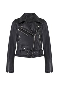 Schwarze Leder-Bikerjacke mit asymmetrischen silbernen Reißverschlüssen, tailliertem Gürtel, Reißverschlüssen an den Ärmelbündchen und einer Klapptasche mit Druckknopf.