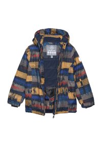 Giacca imbottita caratterizzata da un motivo multicolore in blu navy, giallo, rosso e blu, con cappuccio staccabile e una morbida fodera interna.