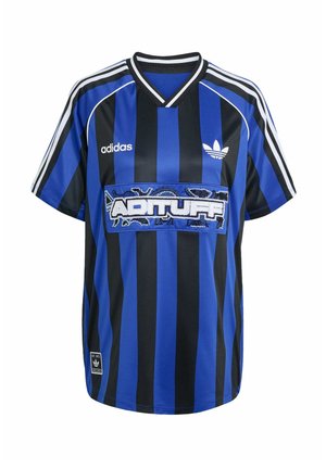 Black and blue striped adidas jersey with a v-neck design. Features a prominent embroidered "ADITURF" logo across the chest.