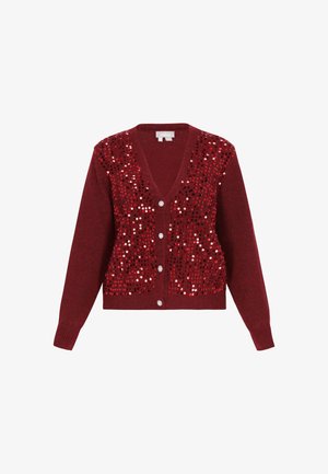 Rote Strickjacke mit Paillettenverzierungen auf der Vorderseite, V-Ausschnitt-Design und fünf Knopfverschlüssen; gerippte Bündchen und Saum.