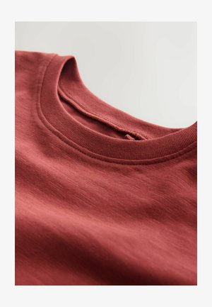 Īss piedurkņu krekliņš rūsas krāsā ar apaļu kakla izgriezumu, gludu tekstūru un aplīša formas kakla apdari. Minimālistisks dizains, bez redzamām rakstām.