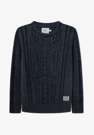 Jersey de cuello redondo tejido en azul oscuro con patrón texturizado "PEPE" en el frente y una pequeña etiqueta blanca de la marca cerca del dobladillo inferior.