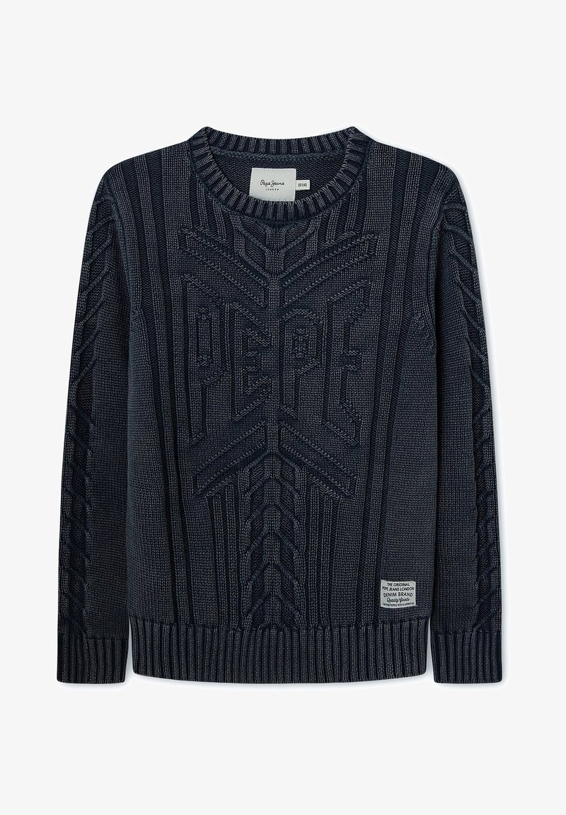 Pull en jersey bleu foncé avec col rond, orné d'un motif texturé "PEPE" sur le devant et d'une petite étiquette blanche de la marque près de l'ourlet inférieur.