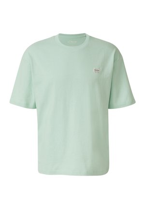 Lichtmintgroen katoenen T-shirt, korte mouwen, ronde hals, met een klein geweven label aan de linkerkant van de borst.