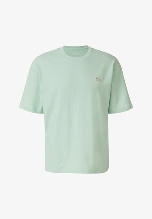 Lichtmintgroen katoenen T-shirt, korte mouwen, ronde hals, met een klein geweven label aan de linkerkant van de borst.
