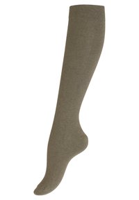 Chaussette haute jusqu'au genou en vert olive, confectionnée en tissu lisse avec un design ajusté, dotée d'un poignet côtelé et d'un orteil sans couture.