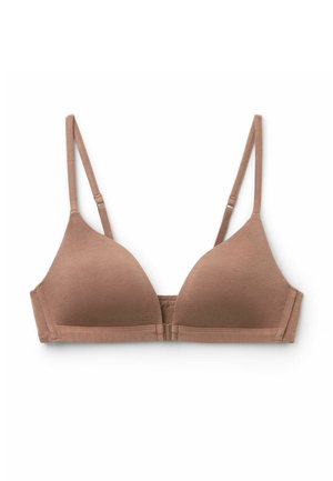 Sujetador acolchado suave color malva con tirantes finos ajustables y cierre frontal, diseñado para comodidad y soporte diario.