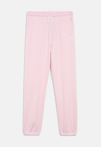 Svetlo roza trenirke z elastičnimi manšeti in pasom, belim vrvico, stranskimi žepi in majhnim belim logotipom na desnem stegnu.