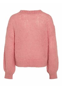 Maglione lavorato a maglia di colore rosa pallido, con una vestibilità morbida, maniche lunghe, polsini a costine e orlo a costine, mostrato da dietro.
