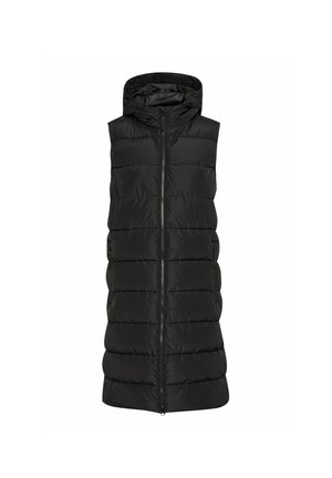 Zwarte gewatteerde bodywarmer met een capuchon, voorzien van een ritssluiting aan de voorkant, een gestikt ontwerp en zijzakken. Zachte stof met een matte afwerking.