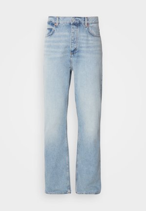 Ljusblå högmidjade jeans gjorda av denim, med rak bendesign, fem fickor och klassiska sömnadsdetaljer.