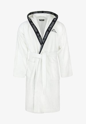Weißer Frottee-Bademantel mit schwarzem Logo-Trim an Kapuze und Kragen, langen Ärmeln, einem Wickeldesign und einem passenden Gürtel.