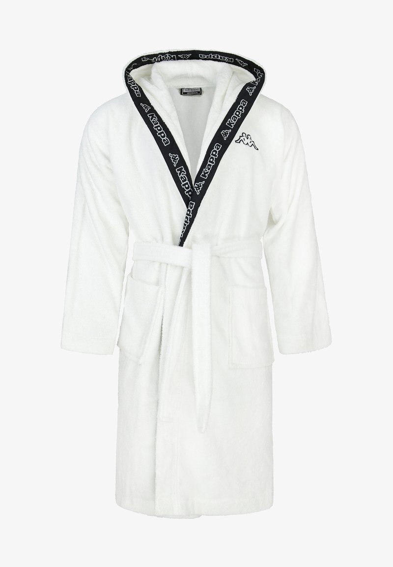 Weißer Frottee-Bademantel mit schwarzem Logo-Trim an Kapuze und Kragen, langen Ärmeln, einem Wickeldesign und einem passenden Gürtel.