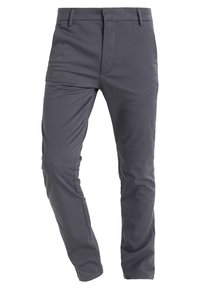 Gray cotton blend pants with a straight fit, featuring a flat front, belt loops, and a smooth texture. No visible patterns or accents.