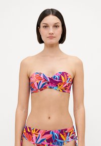 Set di bikini con top senza spalline e slip con laccetti, in vivaci tonalità di rosa, viola e blu con motivi di foglie tropicali. Tessuto morbido.
