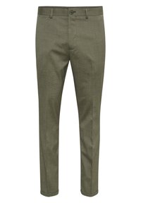 Olivgrön skräddarsydda byxor med ett subtilt mönster, rak benform, enkel knappstängning och upprullade fållar. Slät tygtextur.