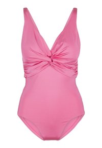 Rosa Badeanzug mit tiefem V-Ausschnitt und geknotetem Design an der Vorderseite. Aus glattem, dehnbarem Stoff gefertigt und mit einer figurbetonten Silhouette.