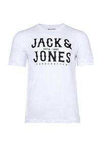 Camiseta de algodón blanca con texto negro que dice "JACK & JONES ESTD - 1990 HECHO A MANO." Diseño de mangas cortas y cuello redondo.