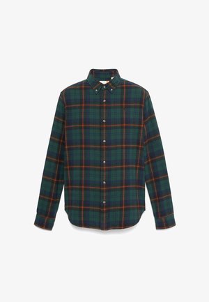 Camicia a scacchi verdi con accenti arancioni e blu navy, colletto a polo, maniche lunghe e orlo leggermente curvo. Realizzata in tessuto testurizzato.