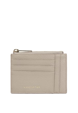 Beżowy teksturowany skórzany etui na karty z czterema przegródkami na karty, zamykanym na zamek kieszonką na monety oraz złotym logo "Lancaster Paris" z przodu.