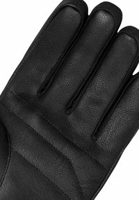 Black leather glove featuring a textured surface, smooth fingertips, and elastic cuffs for a secure fit. No distinct patterns or accents present.