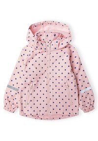 Light pink rain jacket with navy blue polka dots, a front zipper, two zippered pockets, reflective strip on sleeves, and elastic cuffs.