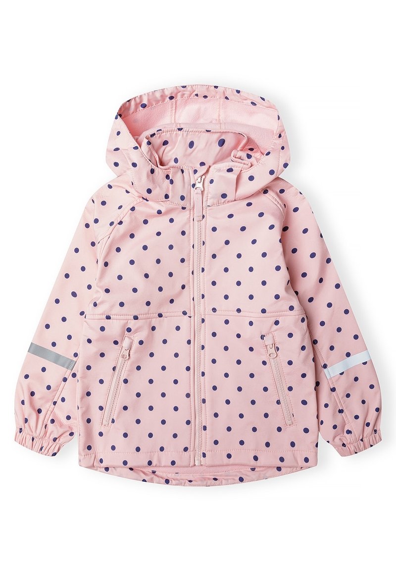 Light pink rain jacket with navy blue polka dots, a front zipper, two zippered pockets, reflective strip on sleeves, and elastic cuffs.