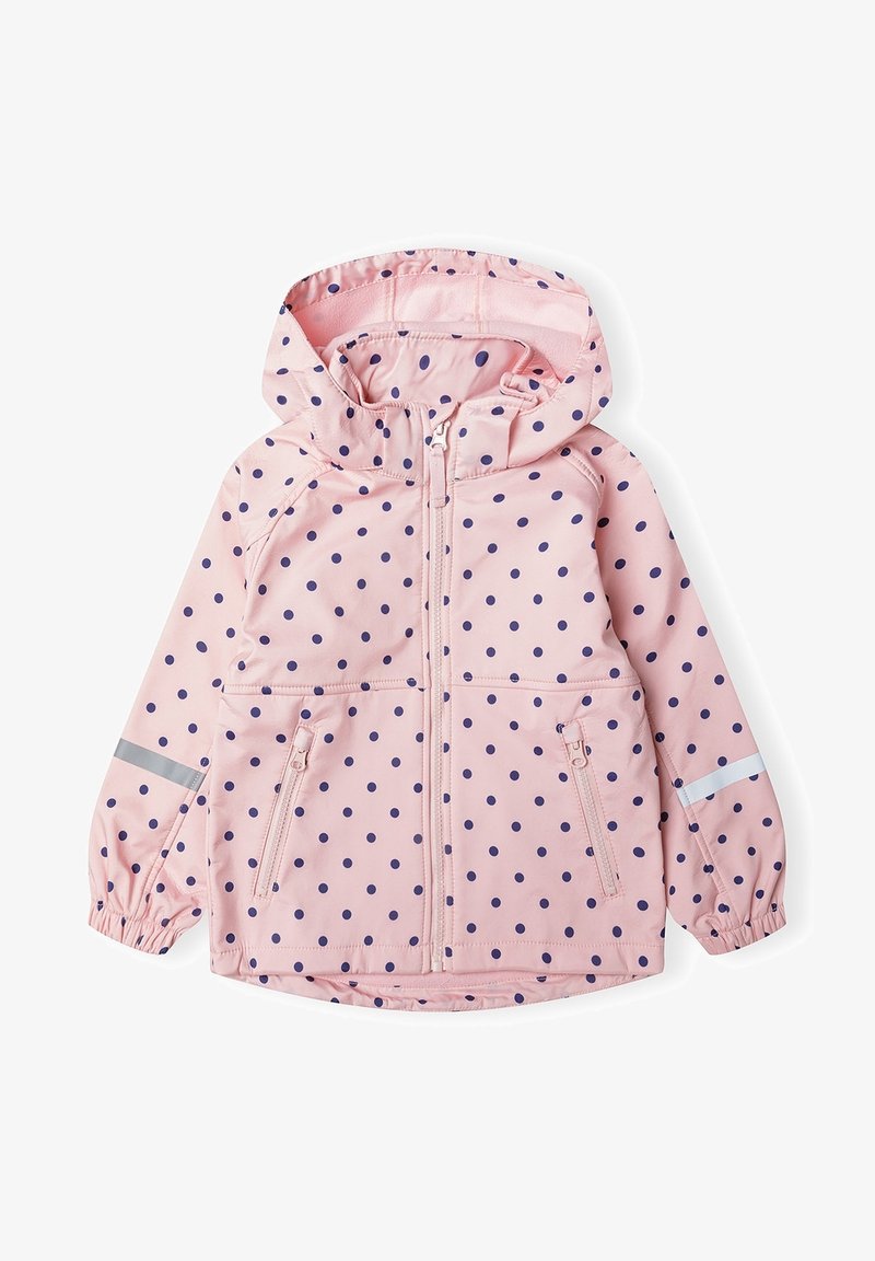 Light pink rain jacket with navy blue polka dots, a front zipper, two zippered pockets, reflective strip on sleeves, and elastic cuffs.