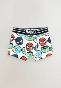 White boxer shorts with Marvel superhero face prints in green, blue, red, and black; features a navy waistband with "MARVEL" logo.