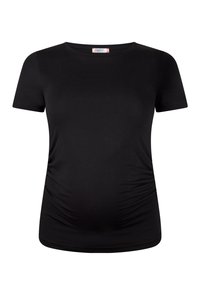 Zwart zwangerschaps t-shirt met korte mouwen, gemaakt van zachte rekbare stof, met geplooide zijpanelen voor comfort en een ronde halslijn.