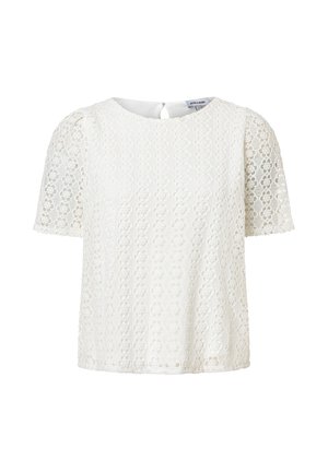 Weiße Bluse mit kurzen Ärmeln und floralem Spitzenmuster, rundem Ausschnitt und Knopfverschluss mit Schlitz an der Rückseite.