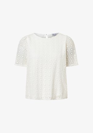 Witte blouse met korte mouwen, florale kanten patroon, ronde hals en knoopsluiting met sleutelgat aan de achterkant.