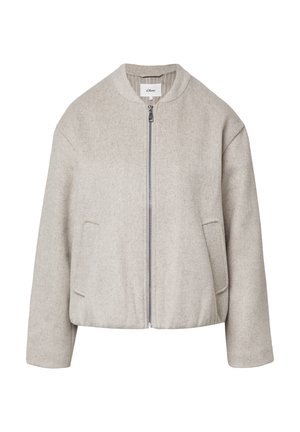 Gray wool bomber jacket with a round neckline, front zipper, two side pockets, and a cropped silhouette. Features a subtle texture.