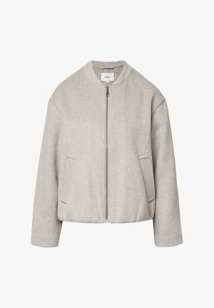 Graue Woll-Bomberjacke mit rundem Ausschnitt, Frontreißverschluss, zwei seitlichen Taschen und cropped Silhouette. Verfügt über eine dezente Textur.