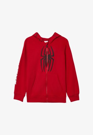 Sweat à capuche rouge zippé avec logo d'araignée noir sur le devant et texte "MARVEL" sur la manche droite, avec une poche avant et une capuche.