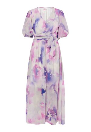 Virágmintás ruha V-nyakkal, puffos ujjakkal és derékmegkötővel. Puha anyag lila és rózsaszín árnyalatokban, légies sziluettel.