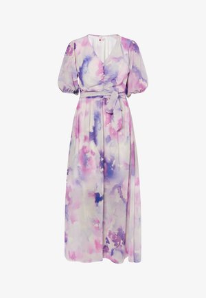 Virágmintás ruha V-nyakkal, puffos ujjakkal és derékmegkötővel. Puha anyag lila és rózsaszín árnyalatokban, légies sziluettel.