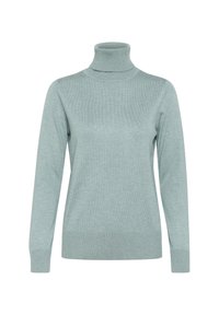 Pull à col roulé bleu clair en tissu doux et texturé. Il est doté de manches longues ainsi que de poignets et d'un ourlet côtelés, offrant une silhouette ajustée.